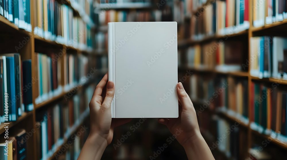 Hands holding book with blank white cover in library, mockup for book cover design - Hands holding book with blank white cover in library, mockup for book cover design -