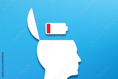 Human head with low battery icon on blue background. Mental health and problems with memory.