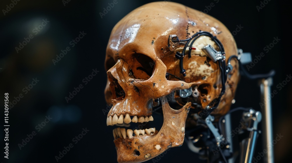 A close-up of a cybernetic skull with a worn texture, mechanical parts, and visible wires, emphasizing futuristic and dystopian design. Perfect for tech and sci-fi visuals. AI generated. A close-up of a cybernetic skull with a worn texture, mechanical parts, and visible wires, emphasizing futuristic and dystopian design. Perfect for tech and sci-fi visuals. AI generated.