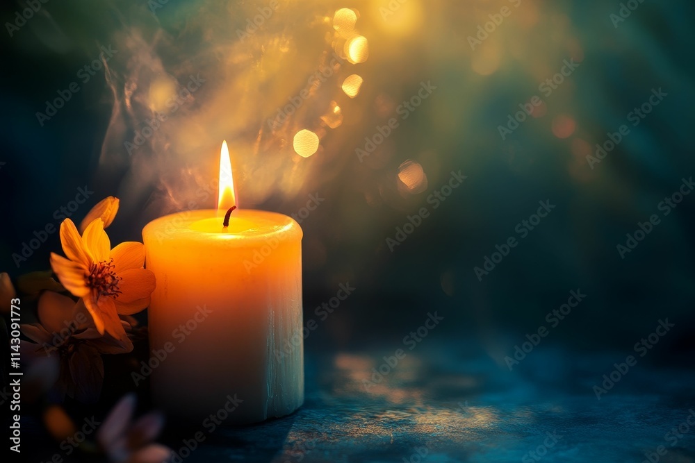 Lit candle, flowers, smoke, dark background, bokeh. Lit candle, flowers, smoke, dark background, bokeh.