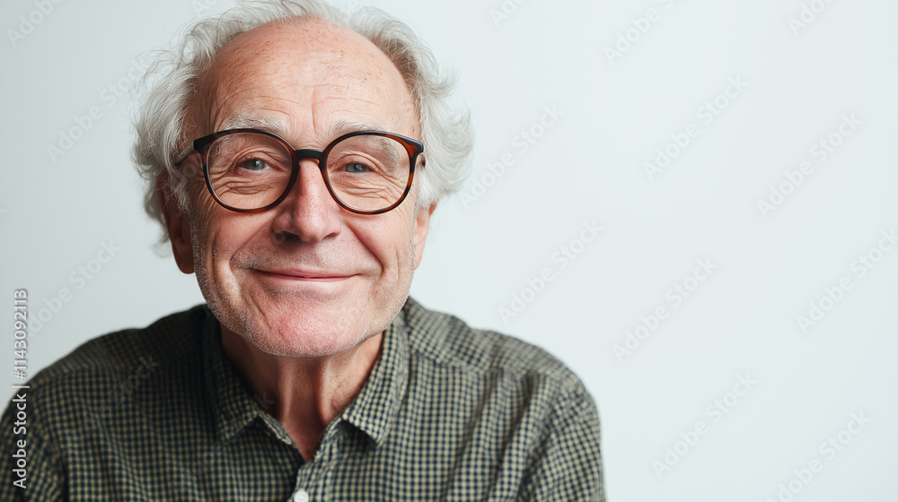 Senior Caucasian male wearing eyeglasses, displaying gentle smile while posing against pristine white studio backdrop Senior Caucasian male wearing eyeglasses, displaying gentle smile while posing against pristine white studio backdrop