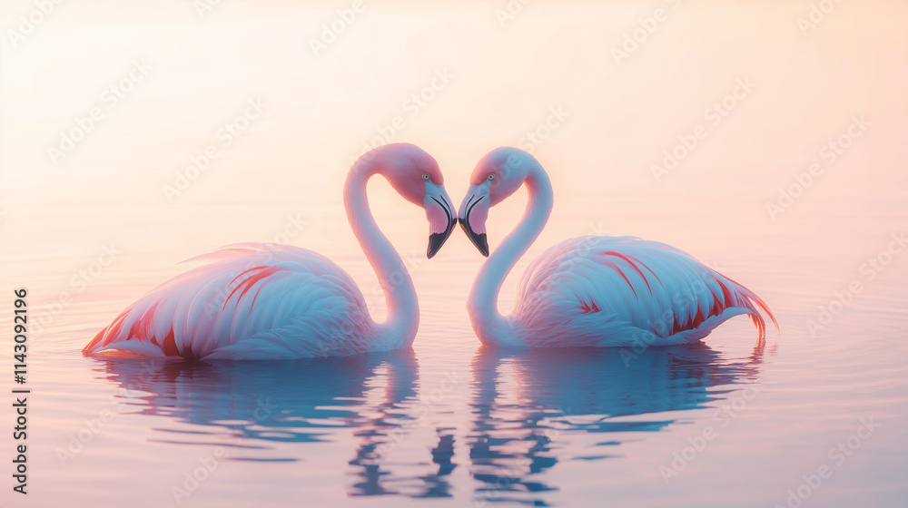 Fototapeta premium Flamingos curving graceful necks into heart silhouette against warm sunset sky, symbolizing love connection
