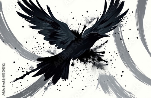 Abstract minimalist painting of crow in flight. Dark tones, splashes of ink create dramatic effect. Crow depicted with outstretched wings against white background. Image suitable for dark art photo