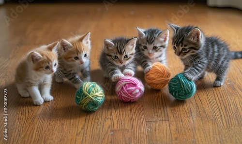 Kittens playing with yarn balls, five adorable kittens, orange, gray, and tabby fur, engaging with colorful yarn, wooden floor background photo