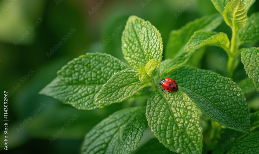 Ladybug on green leaf, vibrant colors, detailed texture, natural setting Ladybug on green leaf, vibrant colors, detailed texture, natural setting