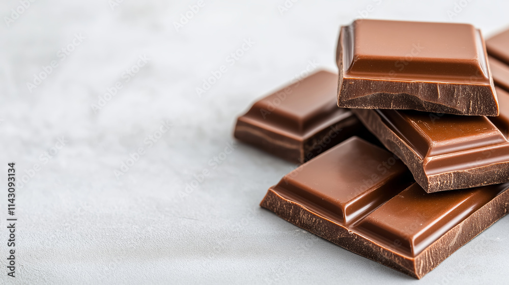 Smooth milk chocolate bars stacked neatly, showcasing rich texture against minimalist pale surface, promising decadent confectionery experience Smooth milk chocolate bars stacked neatly, showcasing rich texture against minimalist pale surface, promising decadent confectionery experience
