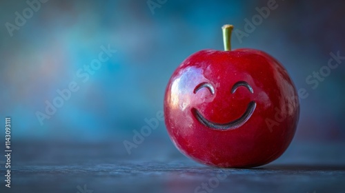 A red berry with a smiley face drawn on it. The berry is placed on a table or counter