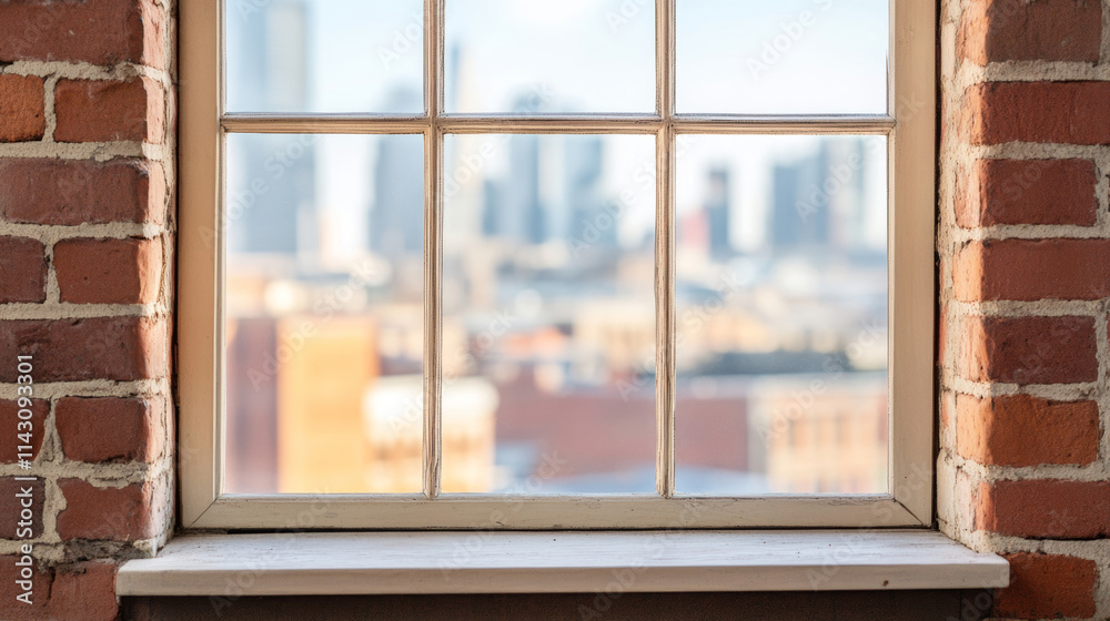 Fototapeta premium Cityscape glimpsed through weathered red brick window, capturing urban landscape with soft-focus architectural layers