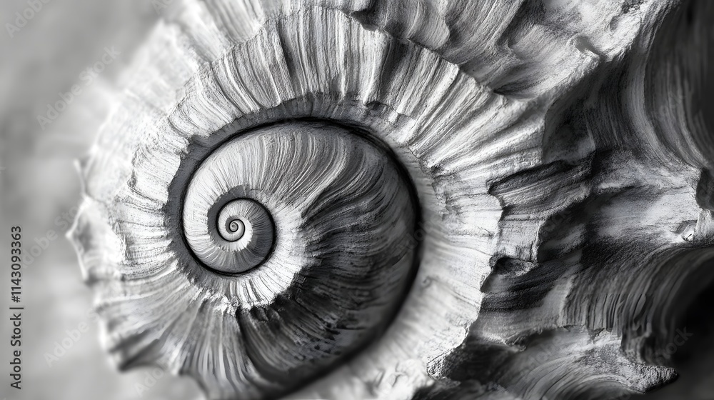 Obraz premium A richly textured pencil sketch of a seashell with spiraling grooves.