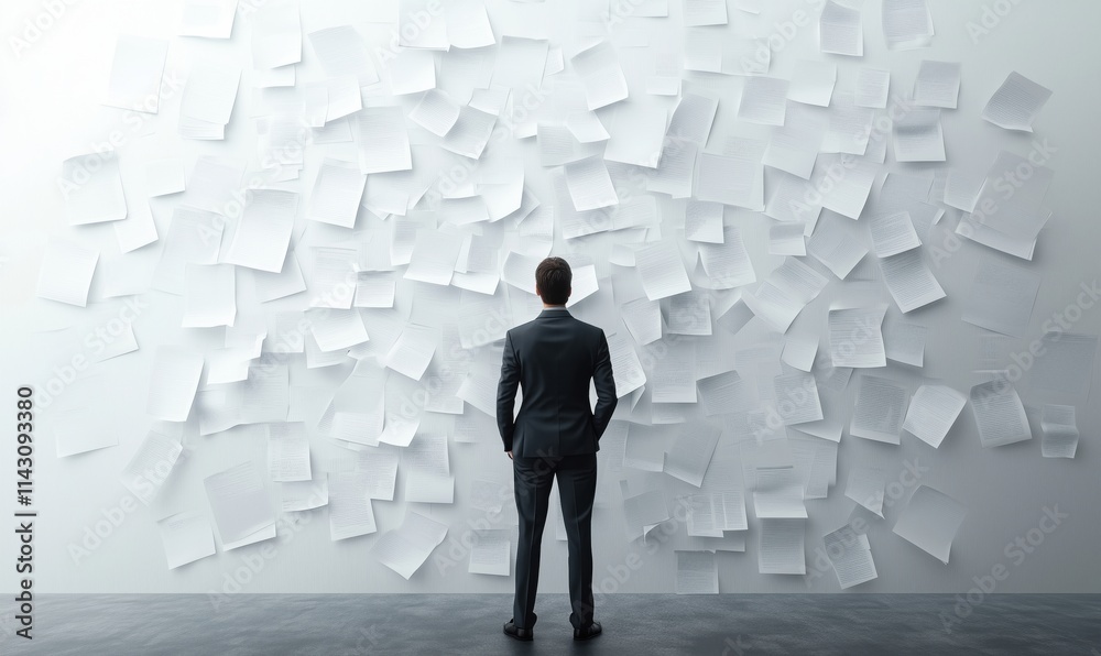 Man contemplating papers on wall, business environment, decision-making, analysis, overwhelming information, modern office, suit, focus, uncertainty Man contemplating papers on wall, business environment, decision-making, analysis, overwhelming information, modern office, suit, focus, uncertainty