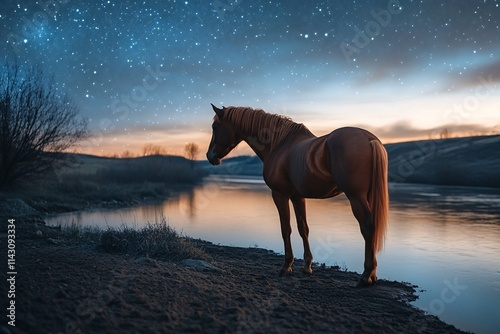 A brown horse standing near a tranquil riverbank, stars glittering overhead, soft light casting gentle shadows, ethereal composition, serene atmosphere, medium-wide angle 4 photo