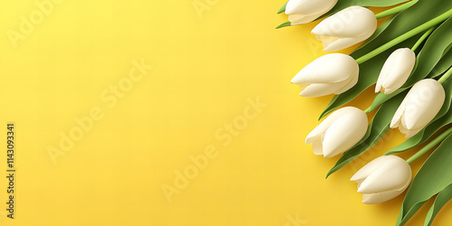 White tulips on yellow background for spring celebrations, floral decoration, Mother's Day themes, wedding invitations, minimalist design, and nature-inspired greeting cards photo