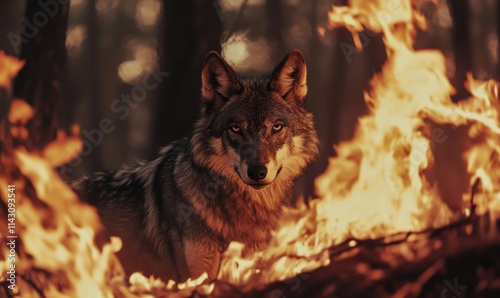 Wolf amidst flames, fierce gaze, forest fire background, intense atmosphere, survival instinct, wild nature, dramatic lighting