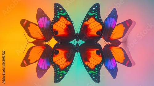 Colorful butterfly kaleidoscope reflection on vibrant background.