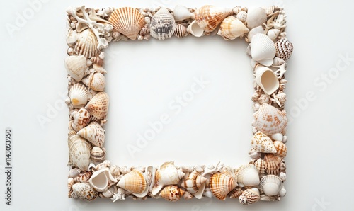 Seashell frame decoration with various shells and coral pieces, white background, perfect for beach-themed displays photo