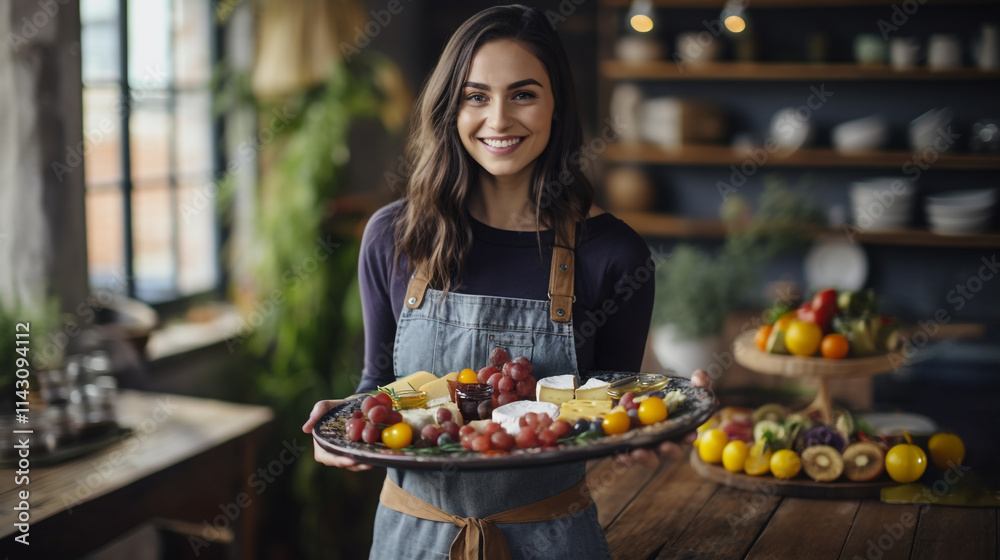 woman chef restaurant business owner with long brown hair and a warm smile in a cozy rustic kitchen holding a large cheese platter woman chef restaurant business owner with long brown hair and a warm smile in a cozy rustic kitchen holding a large cheese platter