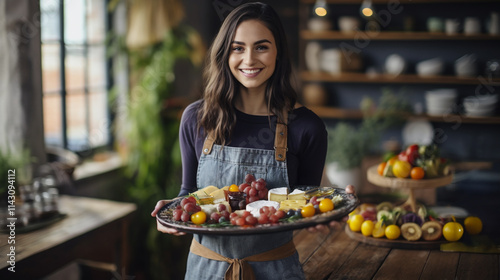 woman chef restaurant business owner with long brown hair and a warm smile in a cozy rustic kitchen holding a large cheese platter