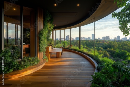 Curved Office with Panoramic View,.Featuring Green Walls and Wooden Design. Floor-to-Ceiling Windows Reveal View of Nature and City Skyline. Modern Eco-Friendly Workspace. AI generated