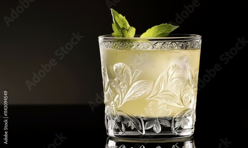 A beautifully crafted liquor cocktail mixed with gin and tequila, served in an elegant yet moderately luxurious glass. The glass should be aesthetically pleasing with intricate yet subtle designs. photo