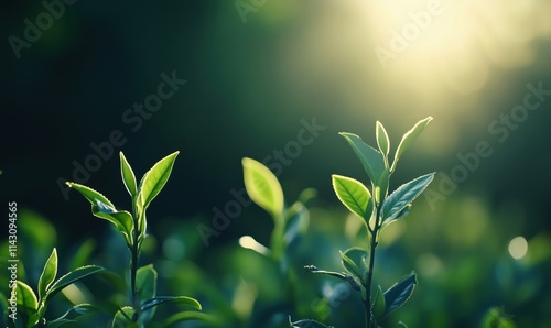 Tea leaves illuminated by sunlight, vibrant green foliage, soft bokeh background, nature's tranquility