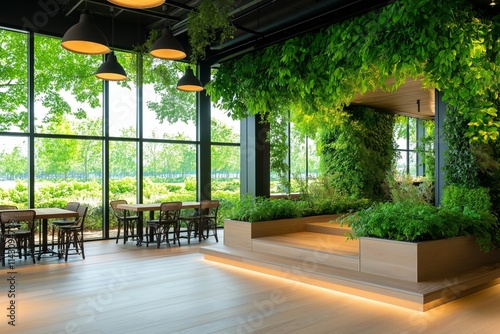 Eco-Friendly Office Interior with Modern Green Wall. Bright Space Featuring Wooden Floors, Large Windows, and Indoor Plants. Stylish Furniture and Sustainable Design. Natural Light. AI generated