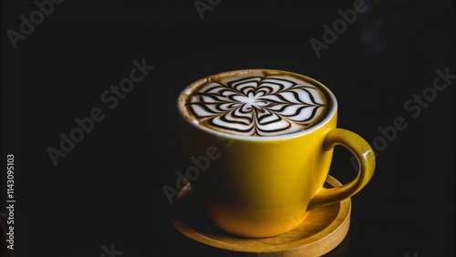 Artistic coffee with floral latte art in yellow cup on wooden coaster