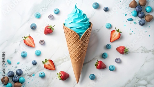 Blue ice cream cone with fresh berries on marble background