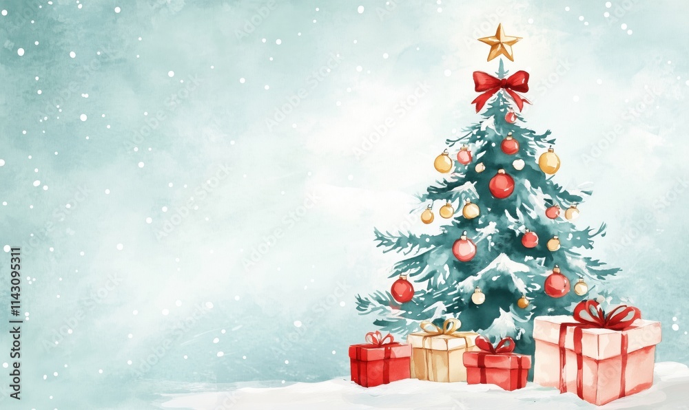 Christmas tree decorated with ornaments and gifts Christmas tree decorated with ornaments and gifts