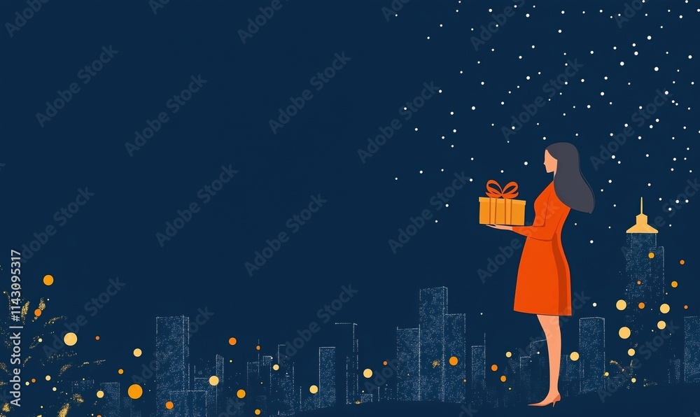 Naklejka premium Woman holding gift in city skyline, festive atmosphere, night sky, snowflakes, holiday spirit