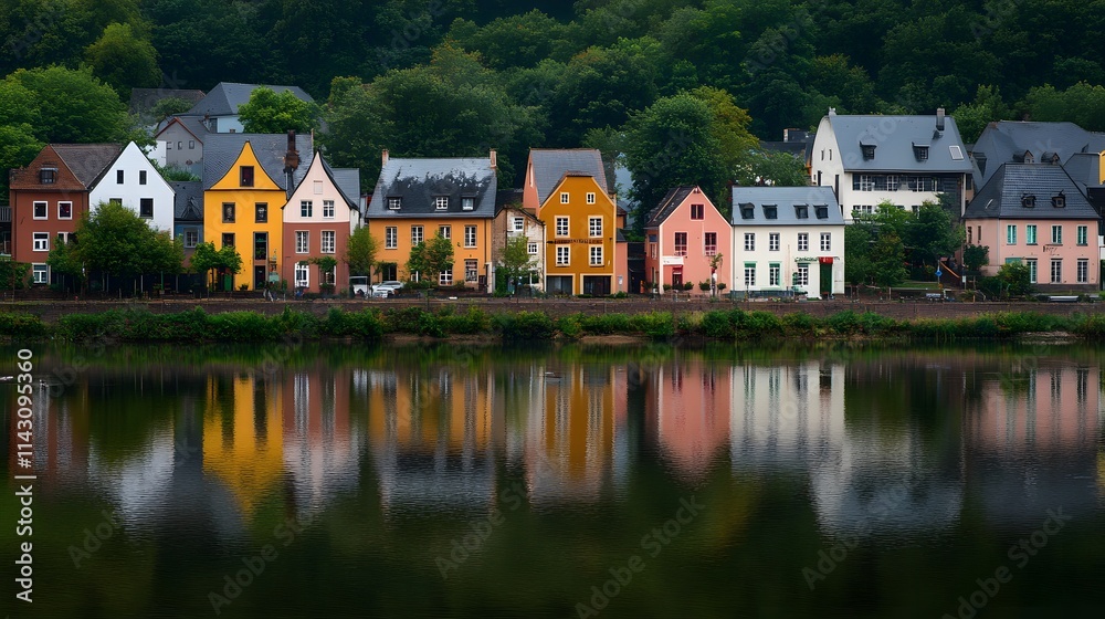 A serene riverbank with colorful houses reflecting on the waters surface. A serene riverbank with colorful houses reflecting on the waters surface.
