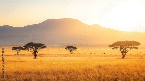 Sunset over savanna with trees and distant mountain silhouette.