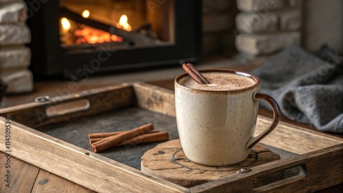 Cozy winter scene with cinnamon hot chocolate by fireplace