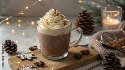 Cozy winter scene with hot chocolate, whipped cream, pine cones, and festive lights