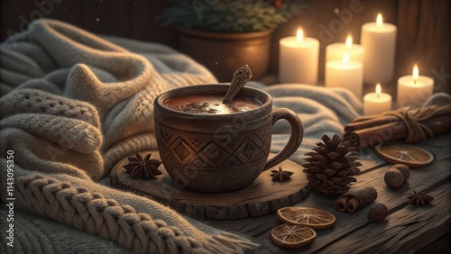 Cozy winter scene with hot chocolate, candles, and pine cones on wooden table