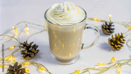 Festive holiday latte with whipped cream and warm white string lights