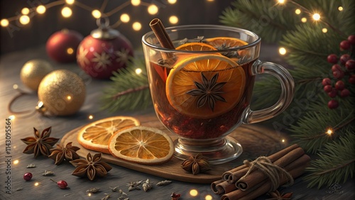 Festive mulled wine with oranges, cinnamon, and star anise in christmas setting
