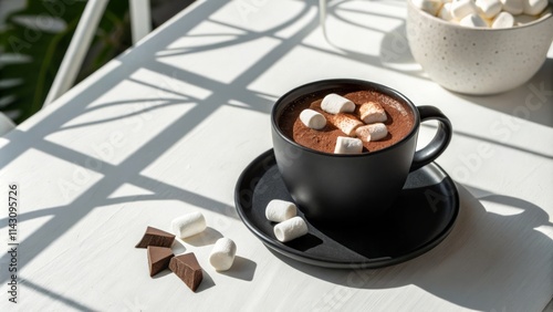 Hot chocolate with marshmallows in black cup on sunny white table