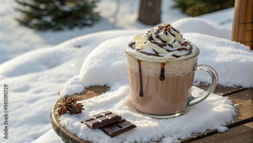 Hot chocolate with whipped cream and chocolate bar in snowy winter setting