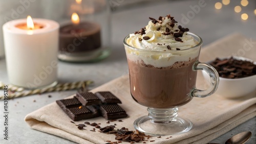 Hot chocolate with whipped cream and chocolate shavings in a cozy setting