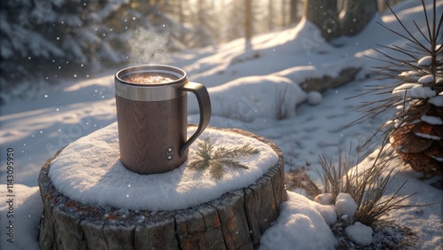 Steaming mug of hot chocolate in a snowy winter forest setting