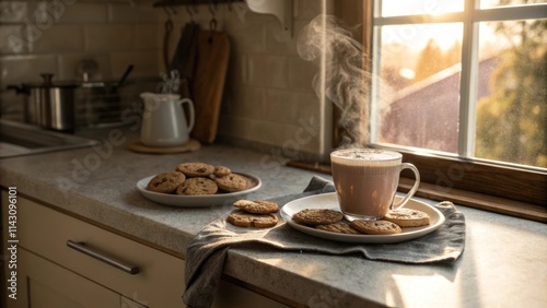Warm morning coffee with cookies on sunlit kitchen counter