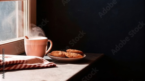 Warm mug of steaming coffee and fresh cookies by a sunlit window