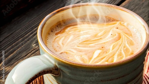 Warm latte in ceramic mug with steaming swirls on wooden table