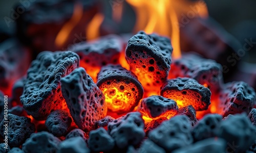 Glowing embers burning charcoal close up photography vibrant photo