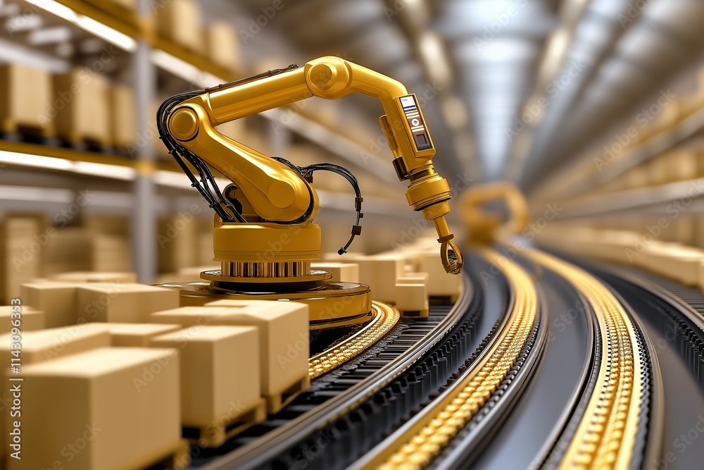 Yellow Robotic Arm in a High-Tech Warehouse Handling Boxes on an ...