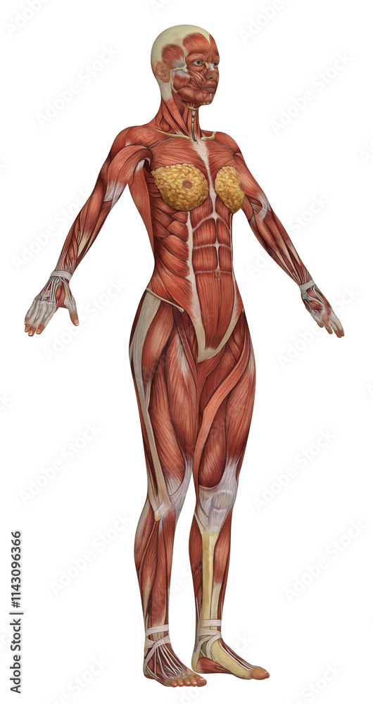 Female Muscular System Anatomy. Detailed Human Body Model Isolated on White Background. Female Muscular System Anatomy. Detailed Human Body Model Isolated on White Background.