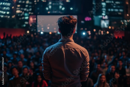 Person's back facing large audience, nighttime event.