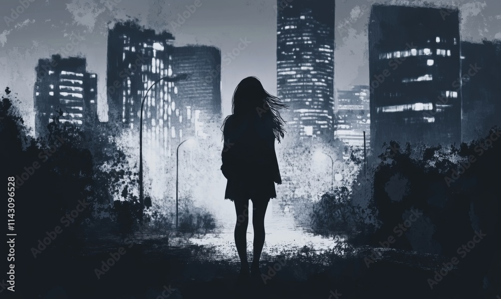 Fototapeta premium Silhouette of woman against city skyline, night scene, urban landscape, moody atmosphere, illuminated buildings, dark tones