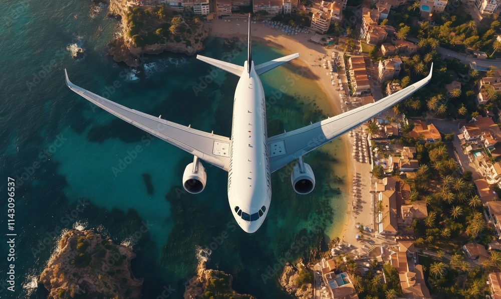 Naklejka premium Airplane flying over beach resort, aerial view, turquoise water, sandy shore, coastal town, palm trees, summer vacation