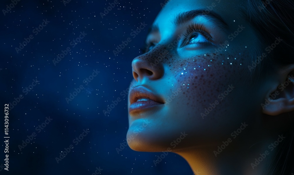 Awe-struck young woman gazing at the sky, her expression lit with wonder and amazement, glowing freckles on her face, deep blue tones, Awe-struck young woman gazing at the sky, her expression lit with wonder and amazement, glowing freckles on her face, deep blue tones,